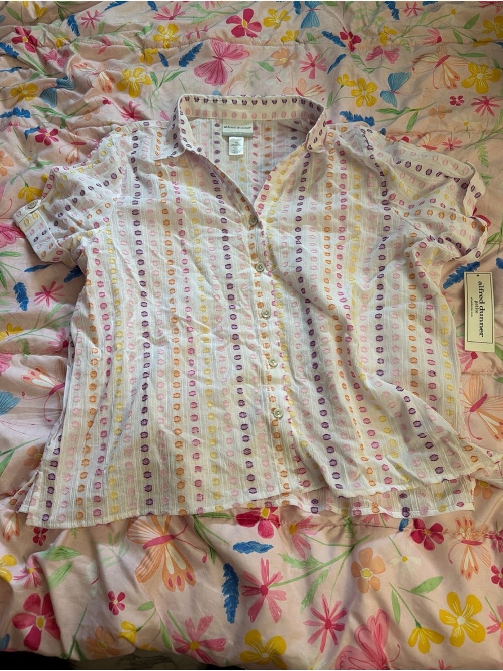 Alfred Dunner Cream Blouse with Pink, Yellow & Purple Dots